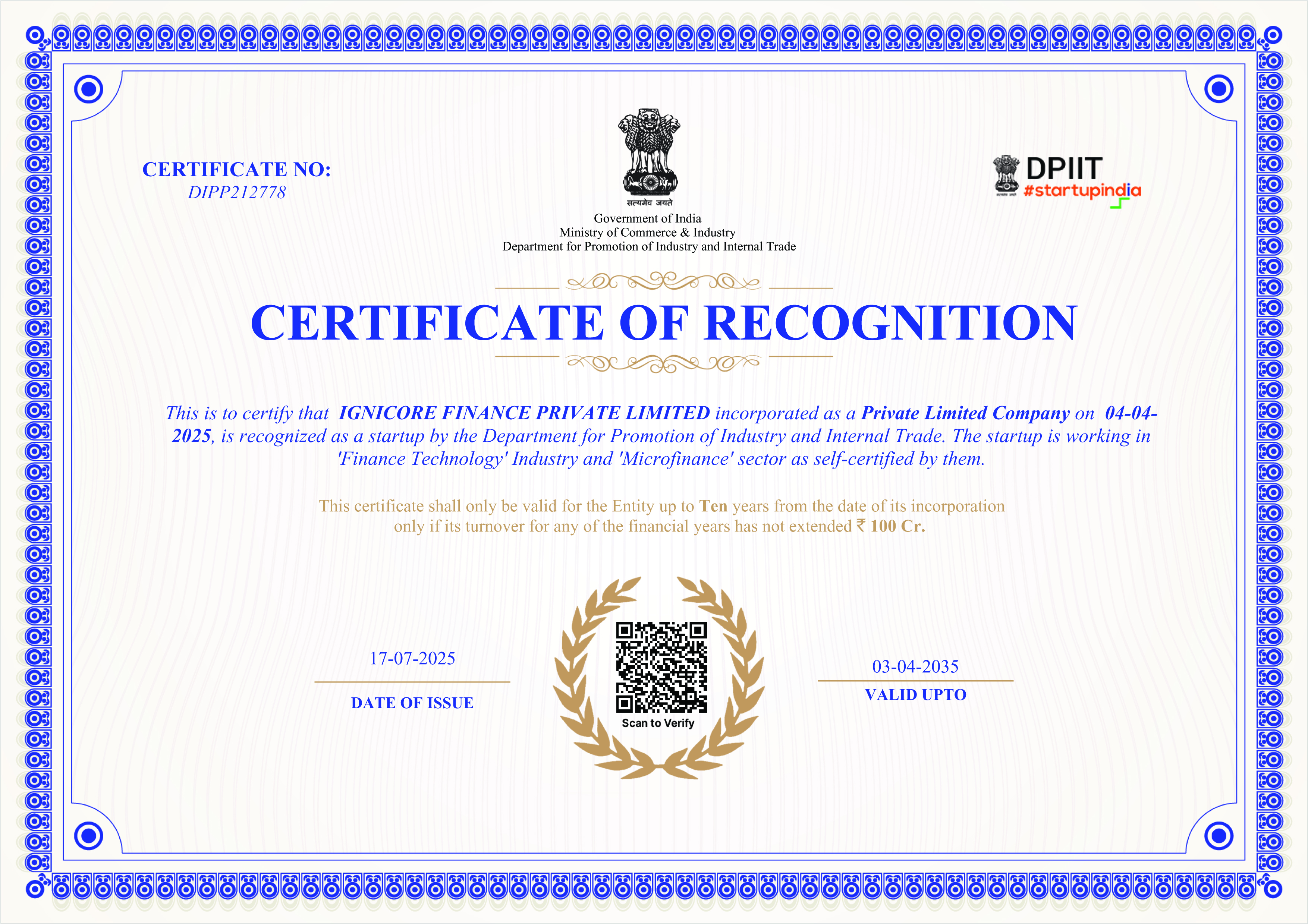 Startup India Certificate